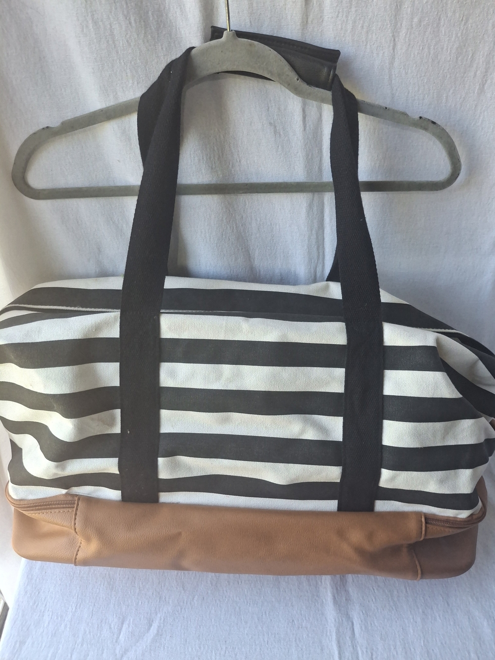 DSW Black & White Striped Weekender with Tan Base